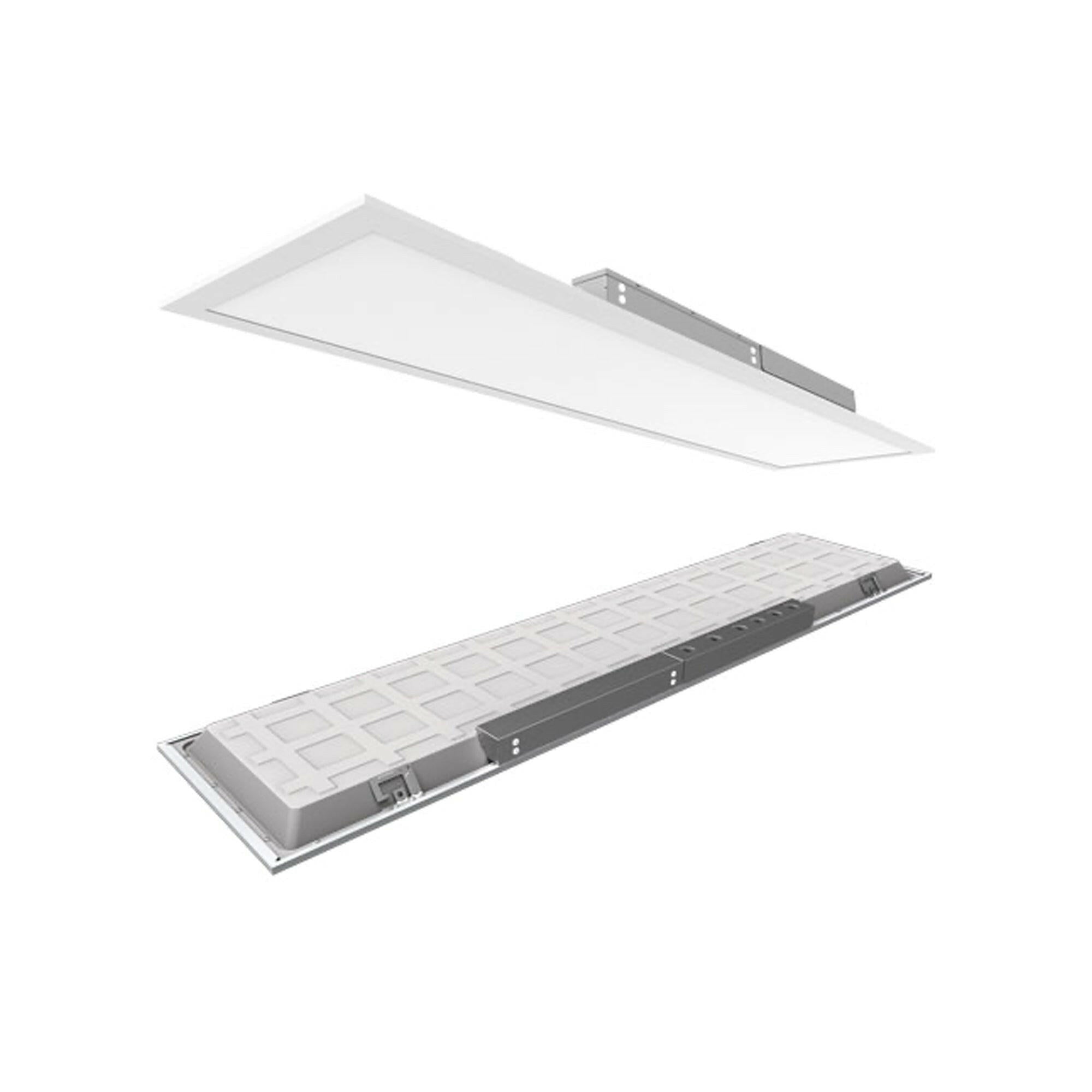 Front and back views of 1x4 LED panel light designed for commercial space on T-bar ceiling.  LED panel light for offices in Edmonton, Vancouver, and Calgary.