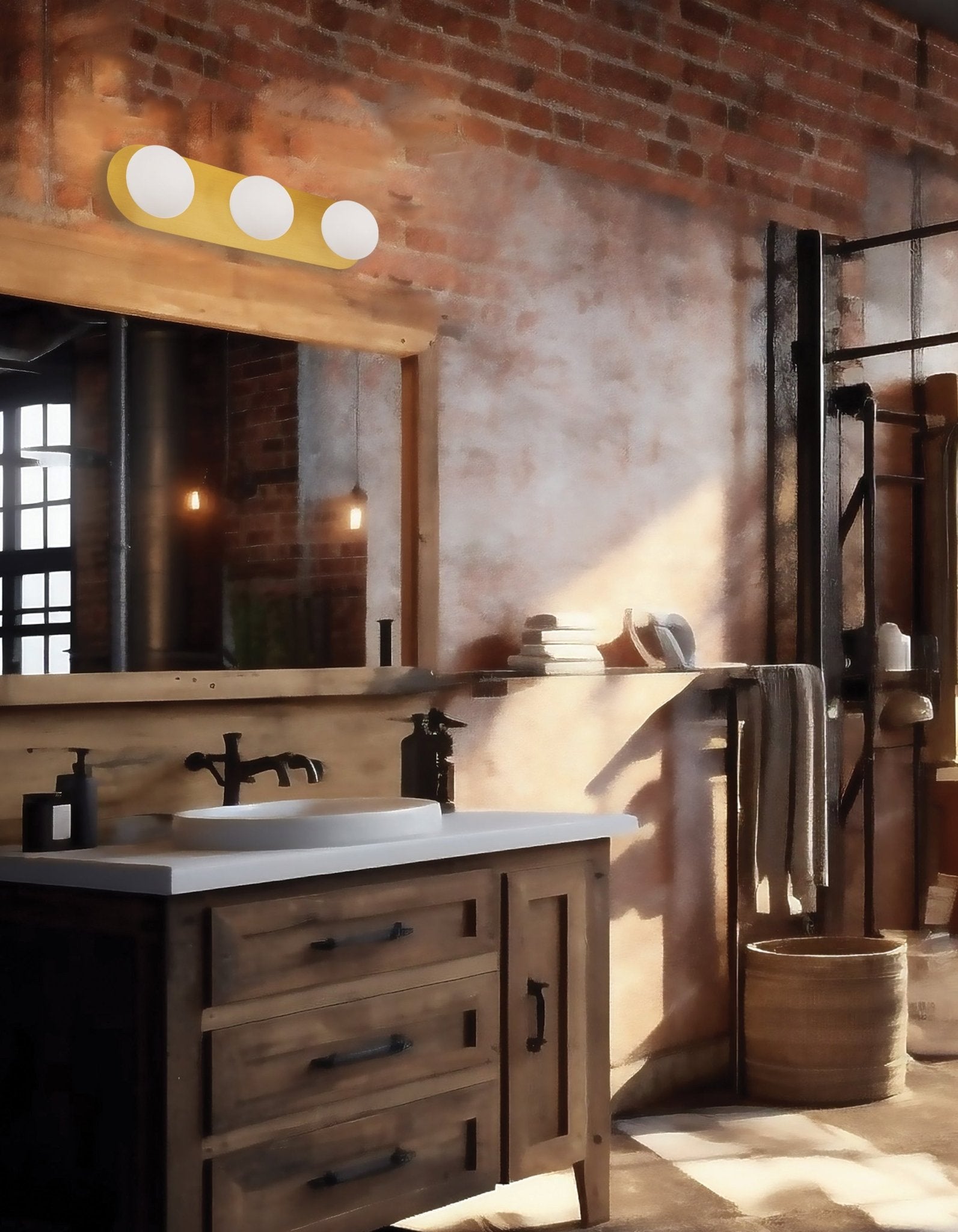 Bathroom with wooden vanity, mirror, and brick wall.