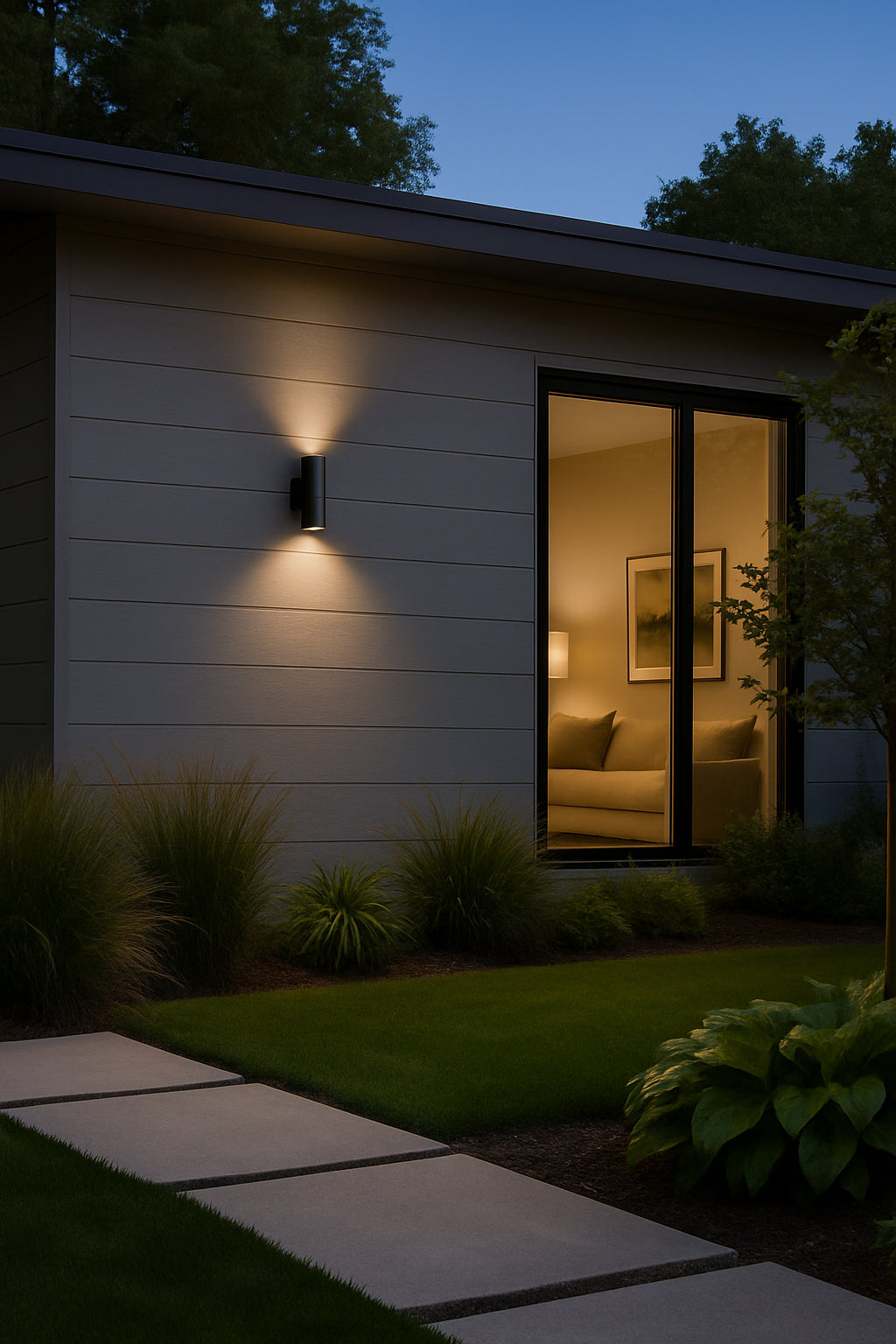 Modern house exterior with a light fixture and glass door reflecting interior.