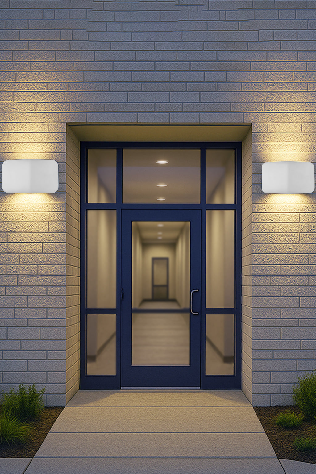 Modern front door with glass panels on a brick wall with wall lights.