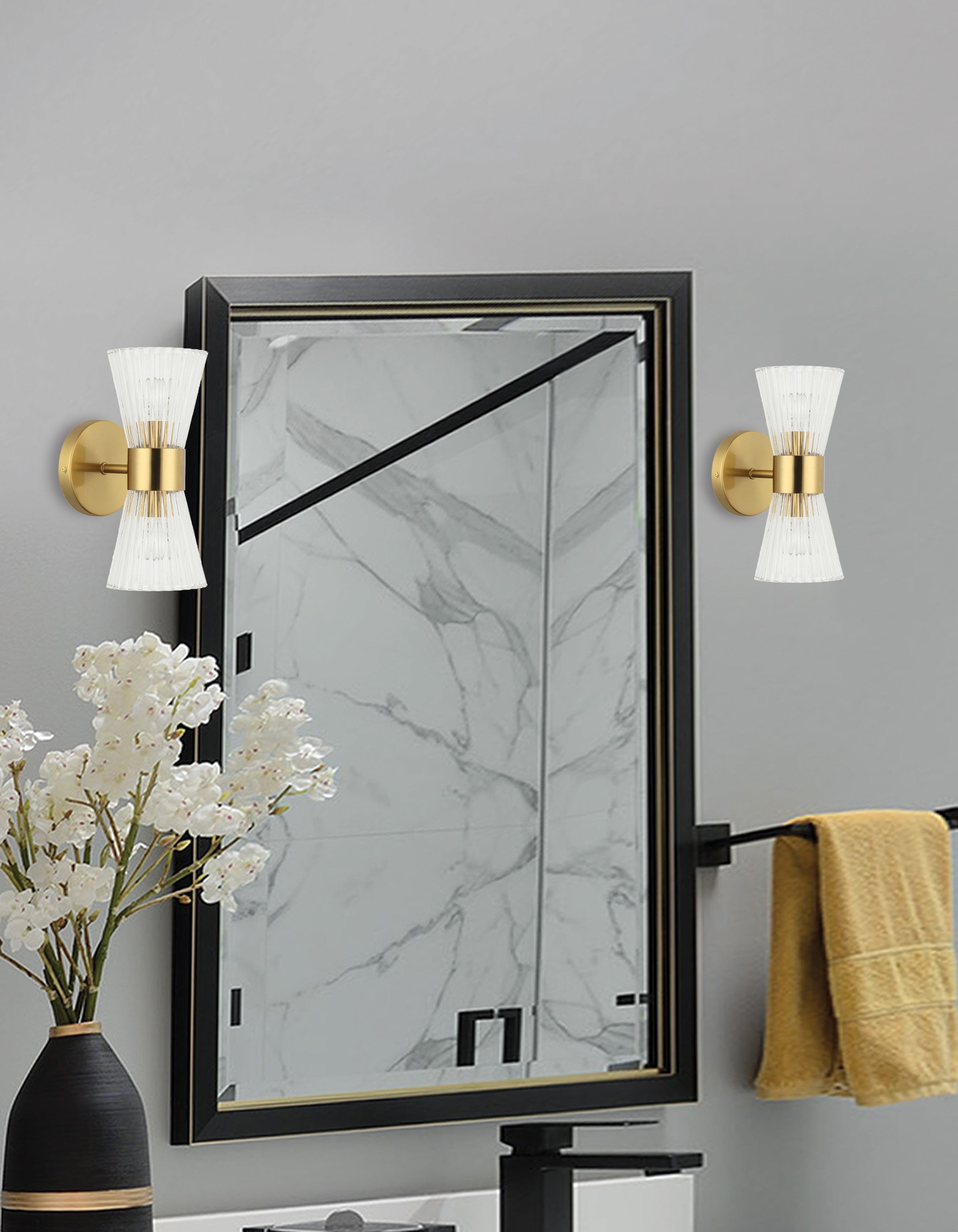 Dainolite Vienna 11.5" 2-Light Wall Sconce with Clear Ribbed Glass | Up/Down - Aged Brass