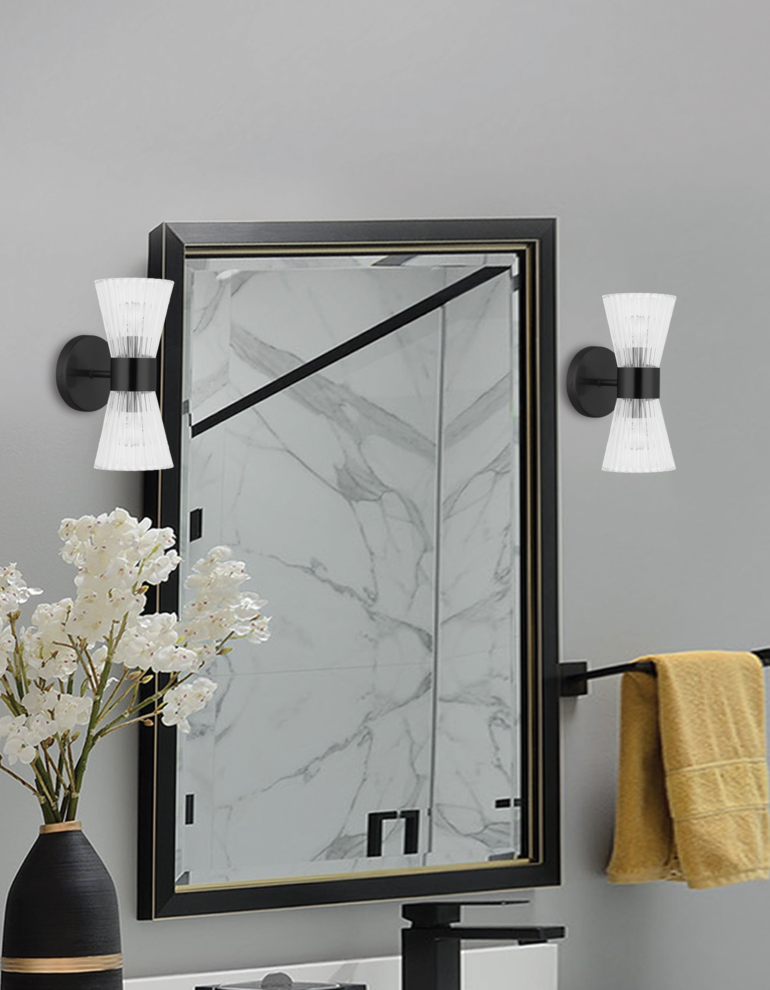 Dainolite Vienna 11.5" 2-Light Wall Sconce with Clear Ribbed Glass | Up/Down - Matte Black 2