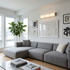 Modern living room with a gray sectional sofa, coffee table, and wall art.