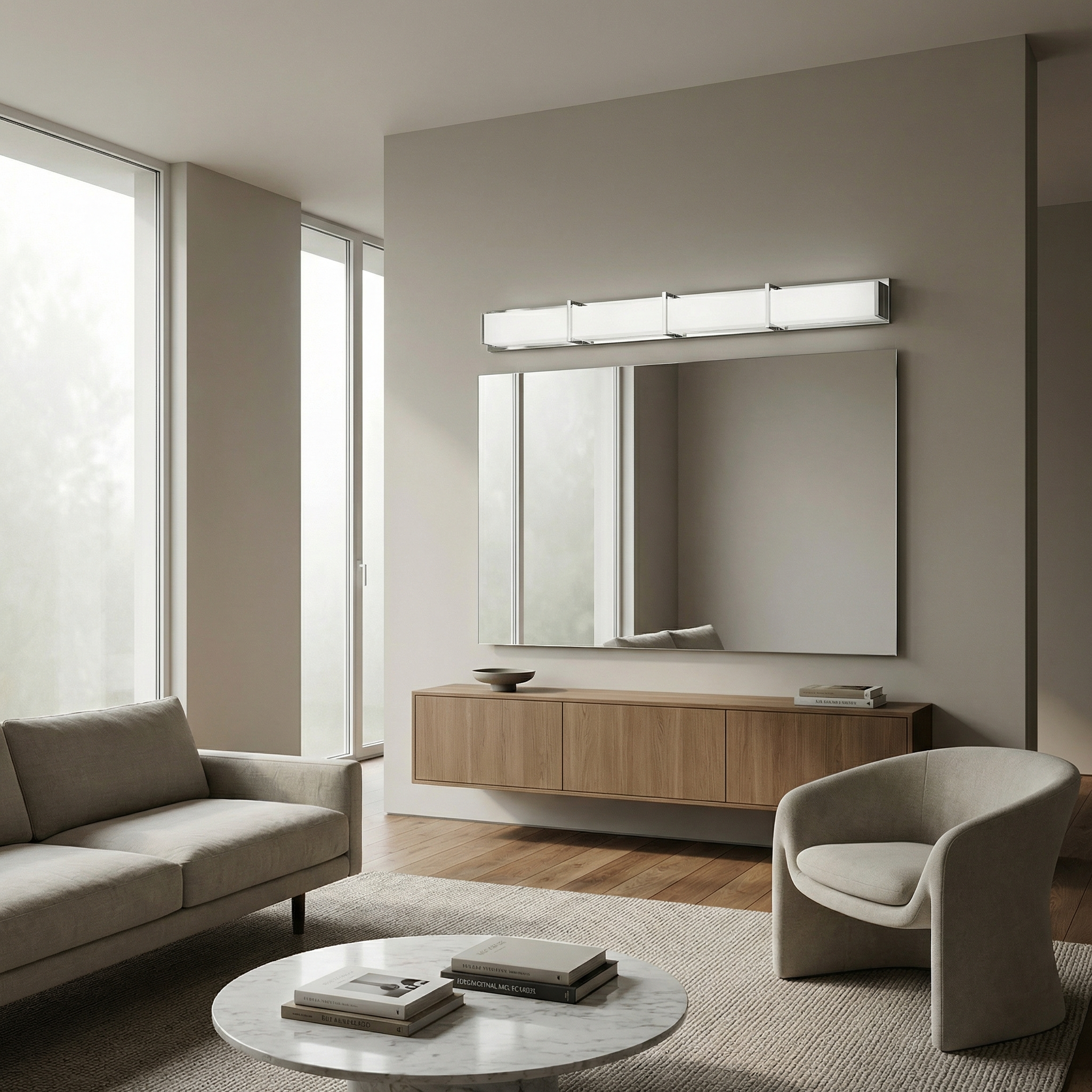 Modern living room with a sofa, coffee table, and wall-mounted mirror.