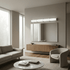 Modern living room with a sofa, coffee table, and wall-mounted mirror.