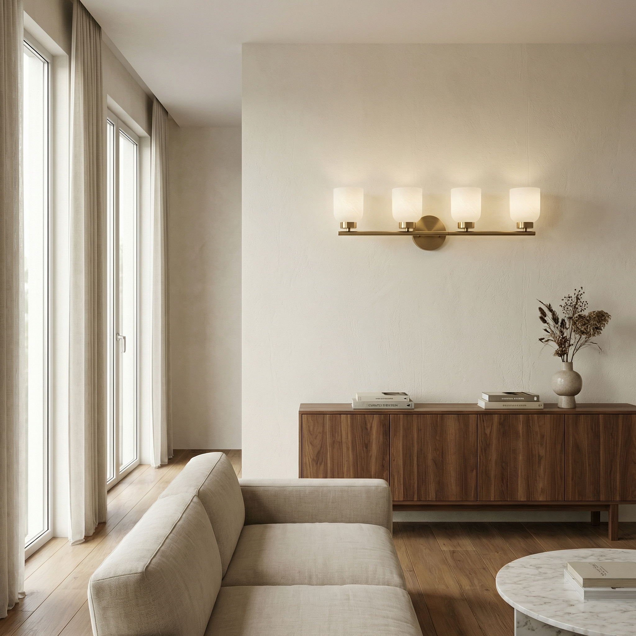 Modern living room with beige sofa, wooden cabinet, and wall sconce.