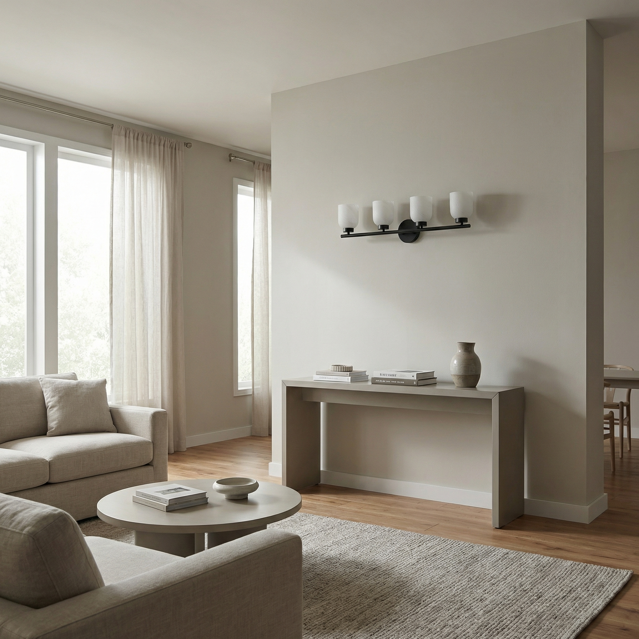 Modern living room with beige sofa, round coffee table, and wall sconce.