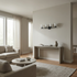 Modern living room with beige sofa, round coffee table, and wall sconce.