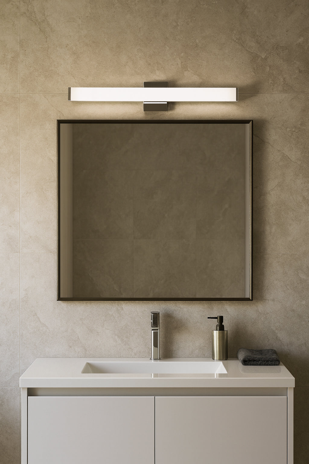 Bathroom vanity with mirror, light fixture, and toiletries against a beige wall.