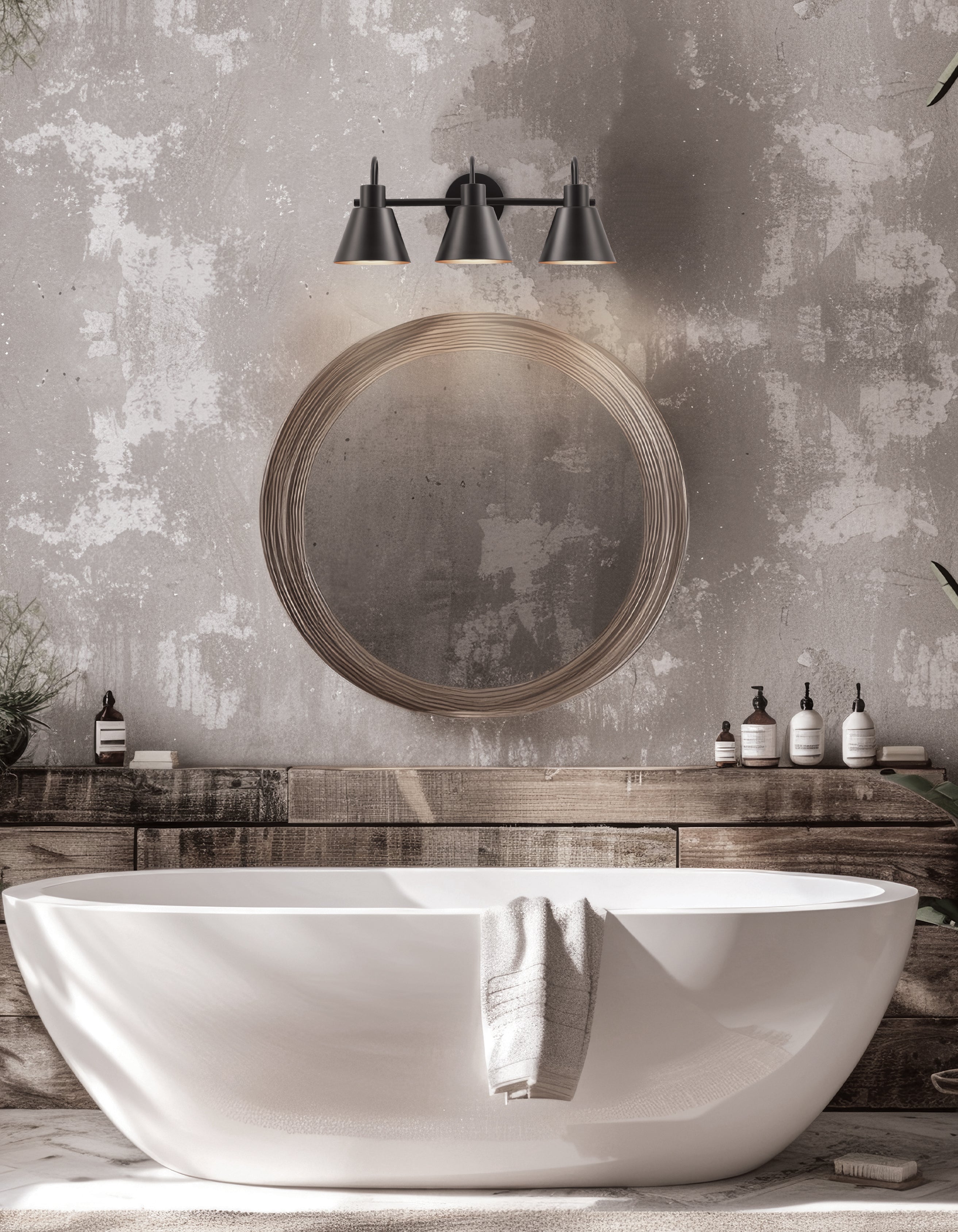 Modern bathroom with a freestanding bathtub, round mirror, and wall lights.