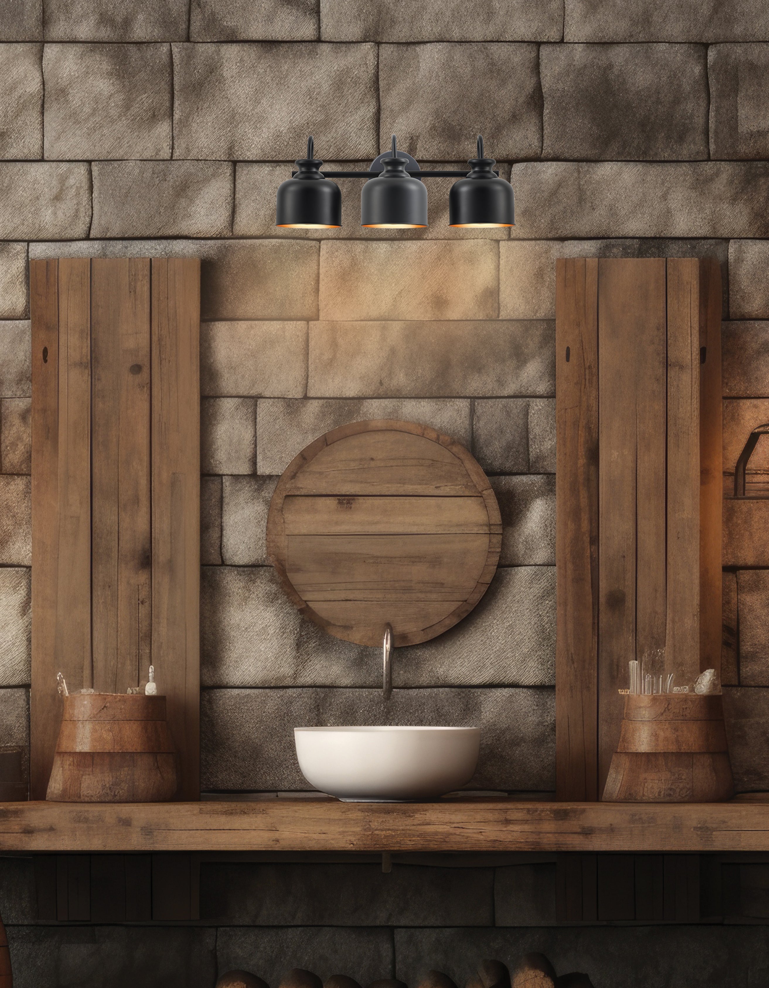 Bathroom with wooden vanity, round mirror, and light fixture on stone wall.